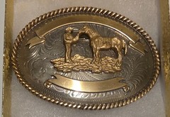 Vintage Metal Belt Buckle, Nice Brass and Silver, Cowboy Talking to His Horse