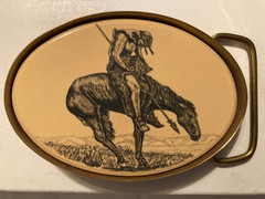 Vtg Barlow Brass Faux Scrim Shaw Etched “End of the Trail” Belt Buckle