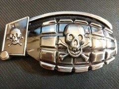 ♈ SKULL GRENADE Pirate ♈ Gun Metal Color large 4.6&Prime;x 2.5&Prime; Skeleton Belt Buckle