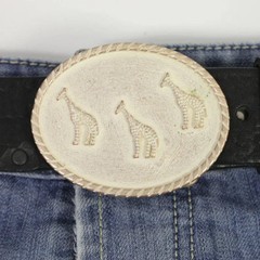 Belt Buckle Giraffe Family Antique Silver Oval Animal Print Safari Nature Design