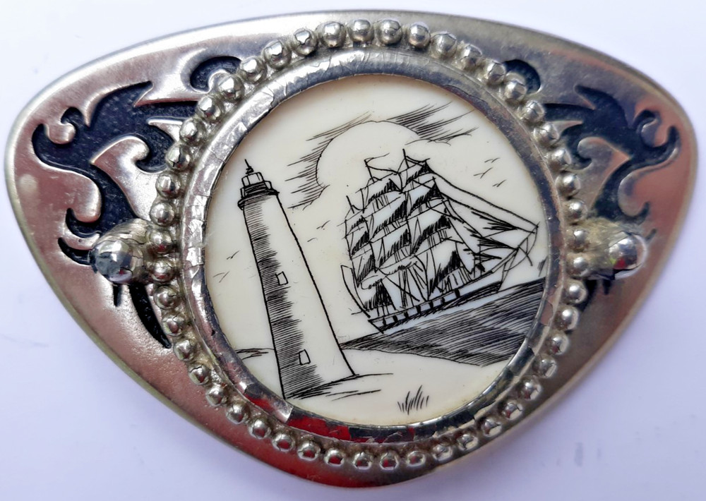 vintage 1970s 3 mast sailing ship vessel lighthouse on faux ivory belt buckle