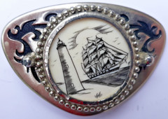 vintage 1970s 3 mast sailing ship vessel lighthouse on faux ivory belt buckle