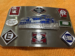 Vtg Stainless Steel Belt Buckle Railroad Logos PRR Erie Jersey Central Reading +