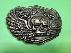 Skull with Wings Roses Halloween Gothic Punk Biker Vibe Silver Tone Belt Buckle
