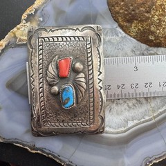 Vintage Richard Henry Yazzie Native American Silver Turquoise &Coral Belt Buckle