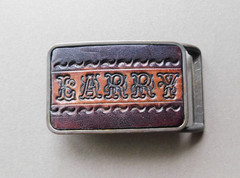 Belt Buckle – Tooled Leather  » Larry  » on Bronze tone buckle