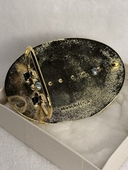 Vintage Western Belt Buckle Silver & Gold Tone Polished Leopard Jasper Stone USA