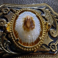 Gold Plated Belt Buckle with 25×18 Shell Cabochon 4&Prime;x3&Prime; 2 in belt