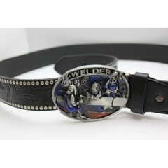 Welder Belt Buckle with Black Studded Floral Embossed Western Strap Mens