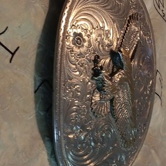 Gist Men&rsquo;s Western Oval Belt Buckle Eagle Floral Engraved 2-Tone 1.5in