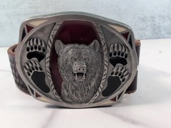 1995 C&J Inc. Pewter Bear Belt Buckle & Tooled Brown Leather Belt 42&Prime;-47&Prime; USA