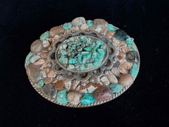 Chunky Turquoise & Stone Belt Buckle Twisted Rope Edge Marked: E – Made In Spain