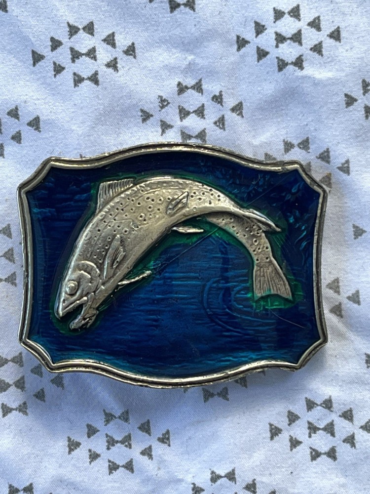 Fisherman Metal Belt Buckle With Blue & Green Enamel Background Sport Fishing