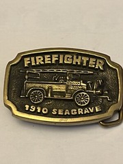 Vintage Firefighter 1910 Seagrave Fire Truck Belt Buckle Solid Brass BTS MadeUSA