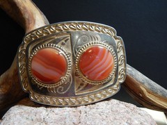 Man&rsquo;s or Lady&rsquo;s Gold Tone Belt Buckle 2 Carnelian Agates, Fits 2&Prime; Belt