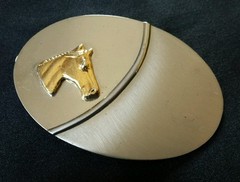 SIMPLE SHINY SILVER TONED OVAL WESTERN BELT BUCKLE WITH A 3D GOLD COLORED HORSE