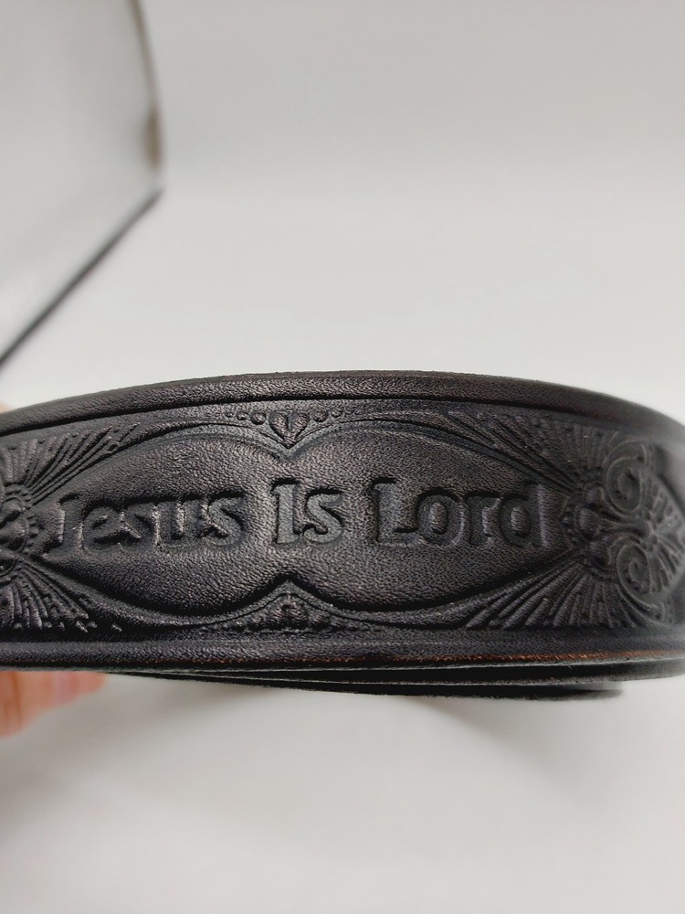 Jesus Is Lord Belt Black Length 57&Prime; Etched Gold Tone Buckle