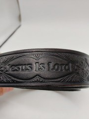 Jesus Is Lord Belt Black Length 57&Prime; Etched Gold Tone Buckle