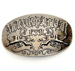 MANCHESTER LTD VTG FORGED BELT BUCKLE Lions Crest & Scroll Design 4&Prime;wide VGC!