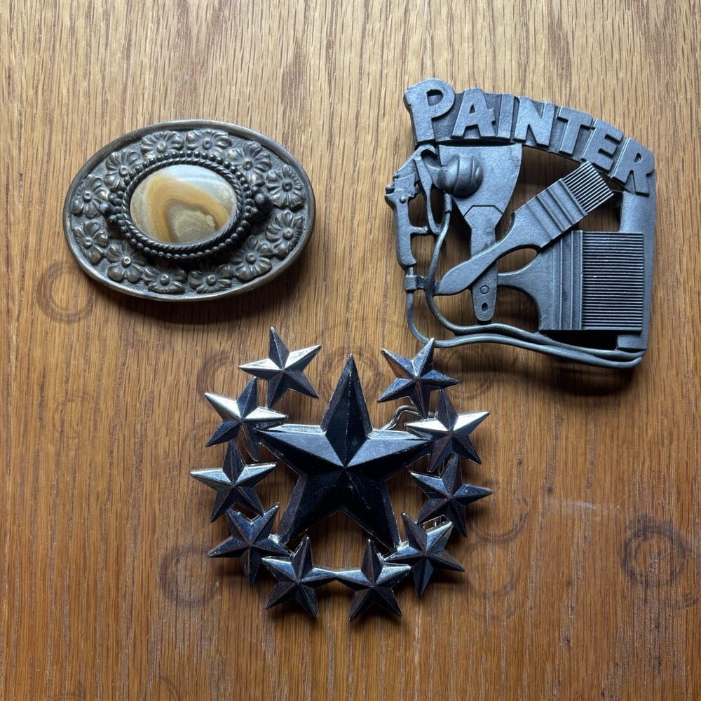 Metal Belt Buckles – Lot of 3 – Oval Stone, Paint Brush, & Star Designs