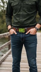 Men Black Metal Fashion Belt Buckle Army Green Camouflage Unique Print War Style
