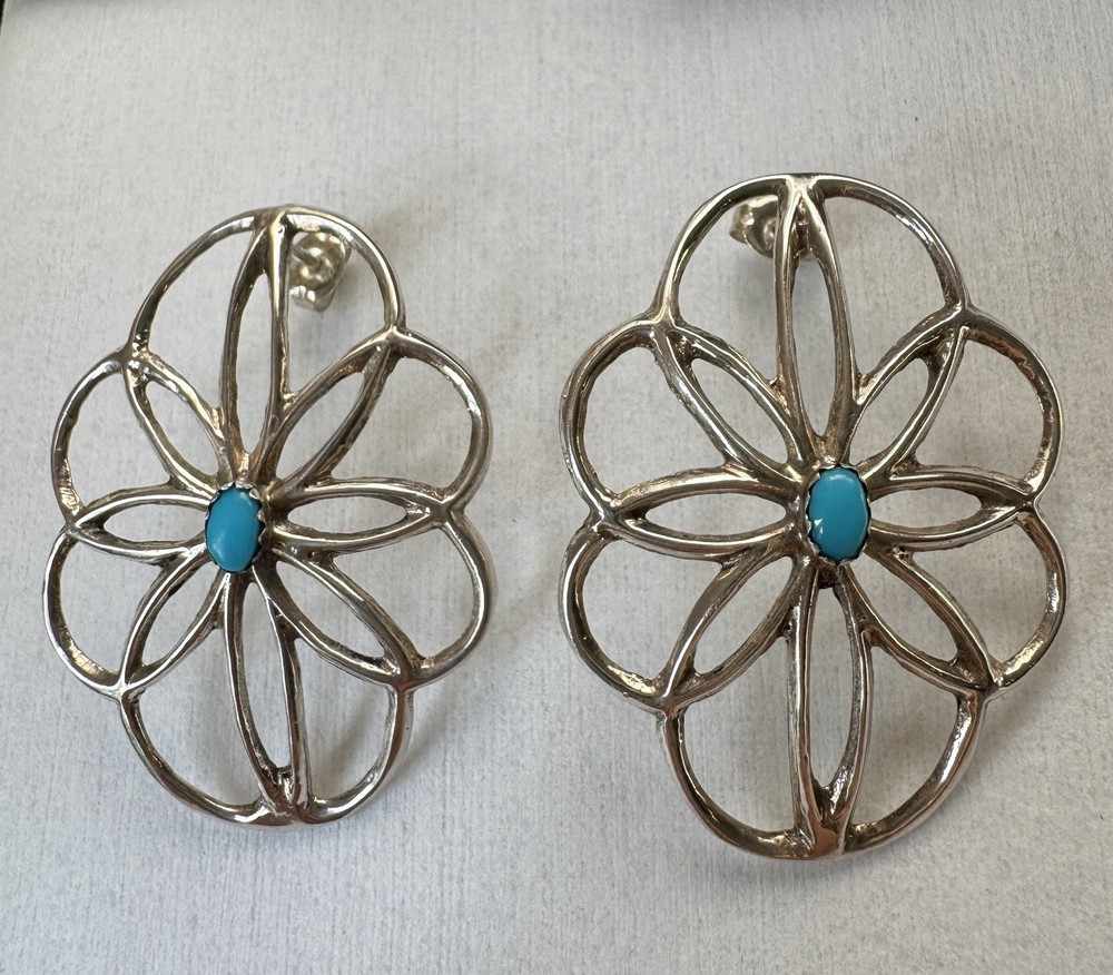 Large Sterling Silver Blue Turquoise Stud Earrings Vintage