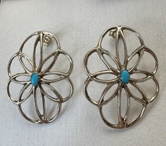 Large Sterling Silver Blue Turquoise Stud Earrings Vintage