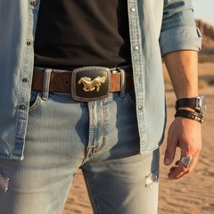 Men Casual Look Western Belt Buckle Silver Metal Square Gold Rodeo Horse Black