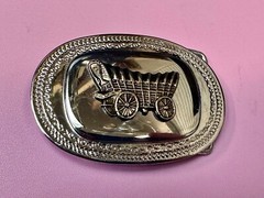 Vintage Covered Wagon On Reflective Oval Two Tone Western Belt Buckle