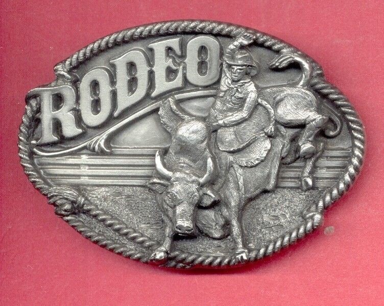 Rare 1991 « RODEO » – 3D Pewter Type BELT BUCKLE by ARROYO GRANDE – Bull Rider USA