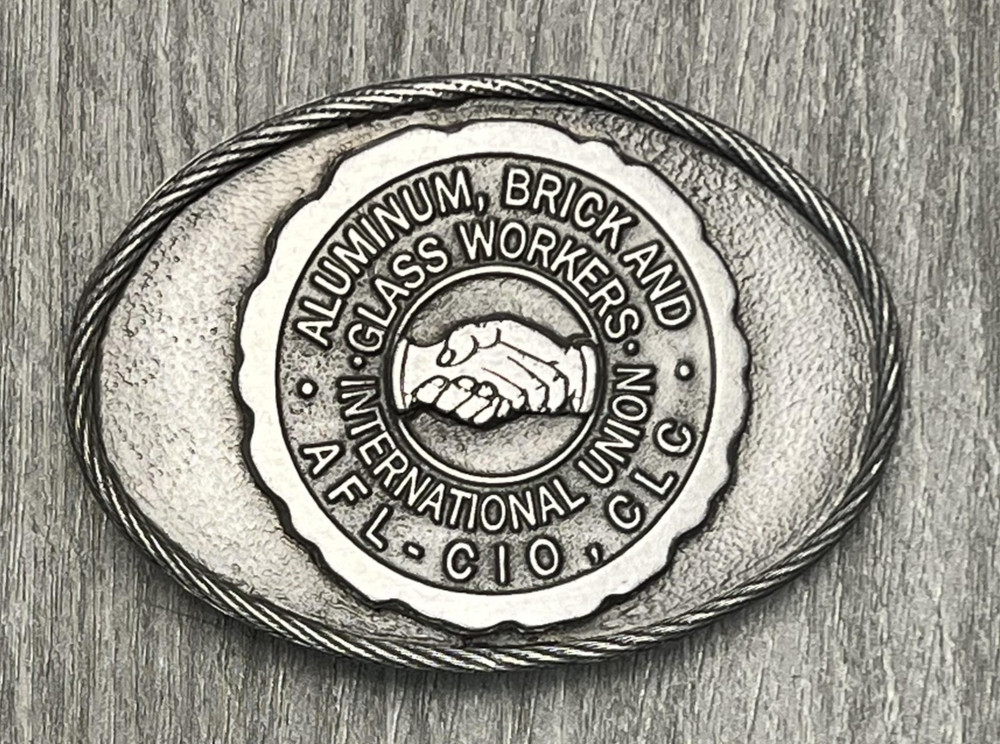Vintage Aluminum Brick Glass Workers Union Belt Buckle Silver Tone Limited USA