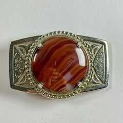 Vintage Western Belt Buckle Carnelian Agate Stone Silver Tone Floral Engraving
