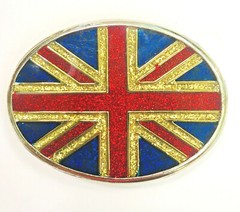 British Flag Belt Buckle Inlaid Sparkle Enamel Red Blue Gold Silver Union Jack
