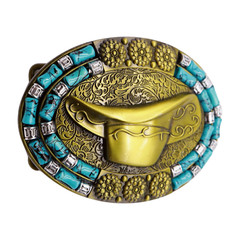 Men Antique Gold Metal Belt Buckle Cowboy Hat Turquoise Blue Fun Rodeo Accessory