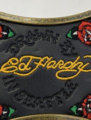Vintage “Drawn By Ed Hardy In Seattle” Black Leather Belt Buckle w/ Roses –