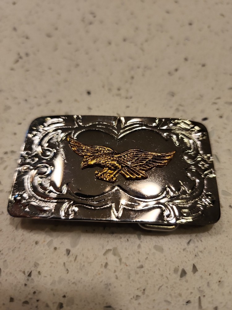 Vintage Gold 3D Eagle On Silver Scrolled Mens Belt Buckle Unbranded Hong Kong