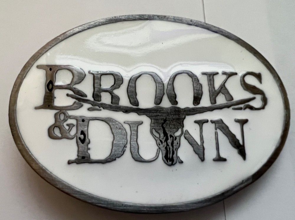 Brooks and Dunn White Enamel Belt Buckle Solid Metal Country Music Pewter