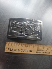 JUSTIN BELT CO. FORT WORTH TEXAS Vintage Skiing Silver Tone Belt Buckle