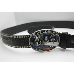 Welder Belt Buckle with Black Studded Floral Embossed Western Strap Mens