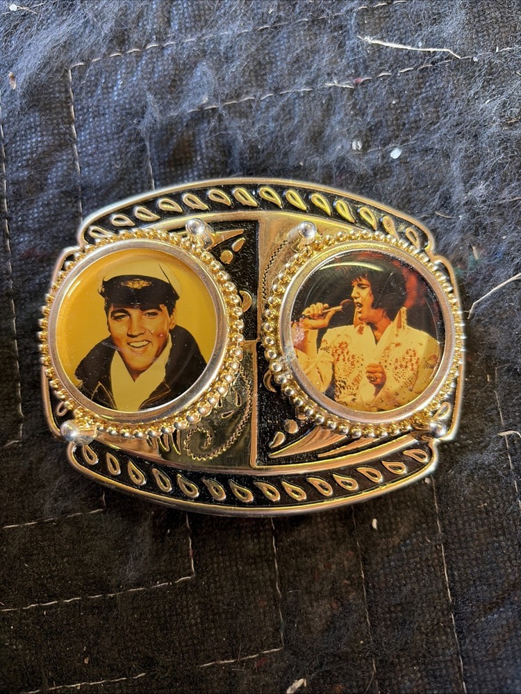 Vintage 1980’S Elvis Presley Belt Buckle Metal Filligree with Photo Made in USA