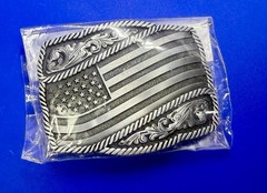 Waving American Flag Patriotic Silver Color Rope Border Western NOS Belt Buckle