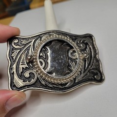 Vtg Silver Dollar Coin Gem Stone Holder Bezel Belt Buckle Black Inlay nos estate