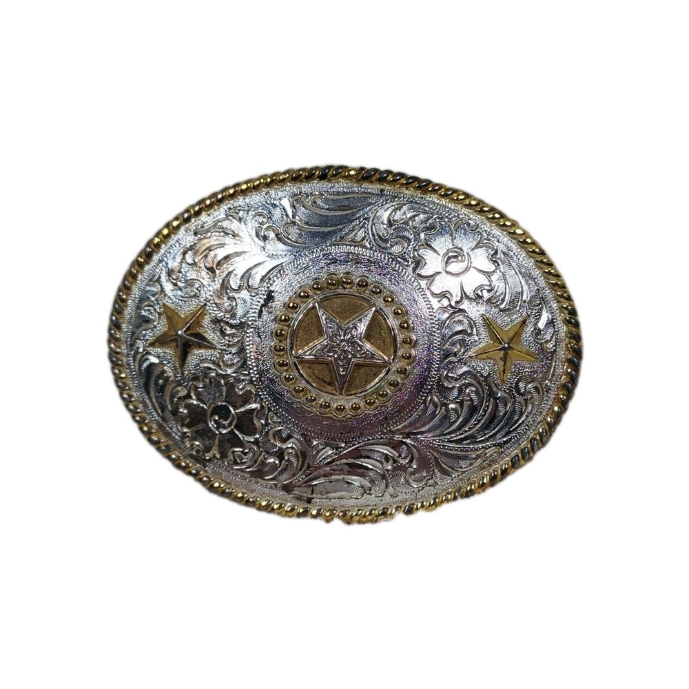Nocona Belt Buckle Texas Star Oval Western Gold and Silver Tone