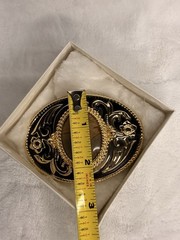 Vintage Western Belt Buckle Silver & Gold Tone Polished Leopard Jasper Stone USA