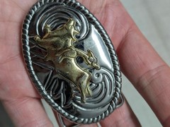 vintage WESTERN belt buckle CHROME cowboy BULL RIDING rodeo