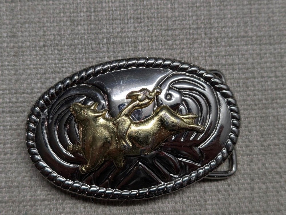 vintage WESTERN belt buckle CHROME cowboy BULL RIDING rodeo
