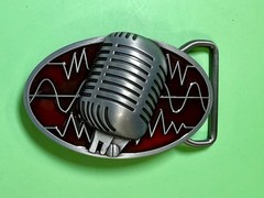 Retro Music Elvis Style Microphone Red Enameled Musician Ribbon Mic Belt Buckle