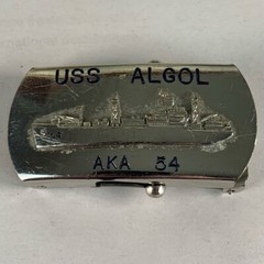 U.S. Navy belt buckle. “U.S.S. Algol AKA-54. Raised ship graphic.