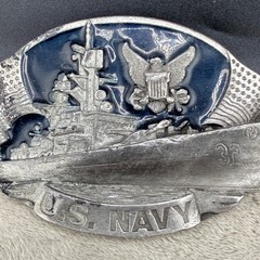 Vintage Bergomot Brass Works US Navy Belt Buckle Silver Tone Enamel