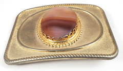 Vintage Gold Tone Western Belt Buckle Banded Agate Style Stone Faux Cabochon